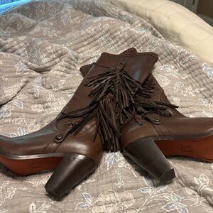 Anthropologie Brown Leather Heeled Boots with Square Toe